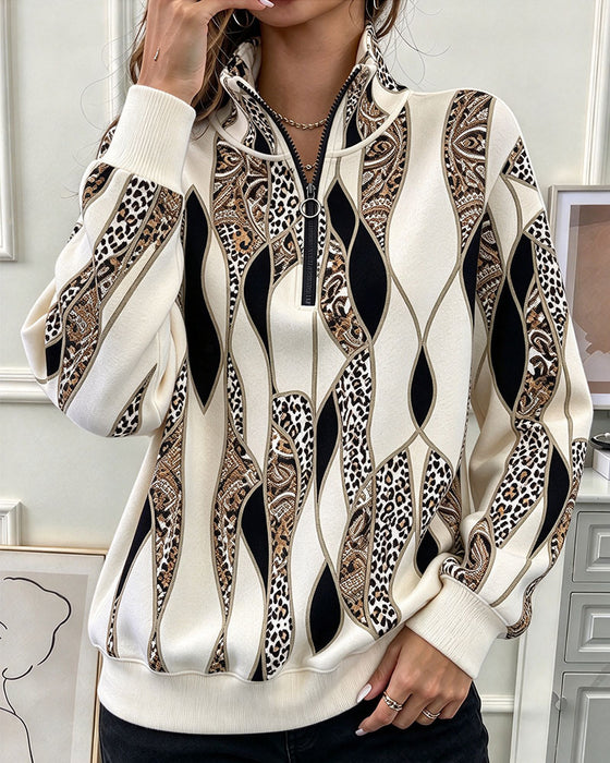 Sweatshirt Geometrisk Paisley Halv Glidelås Stående Krage