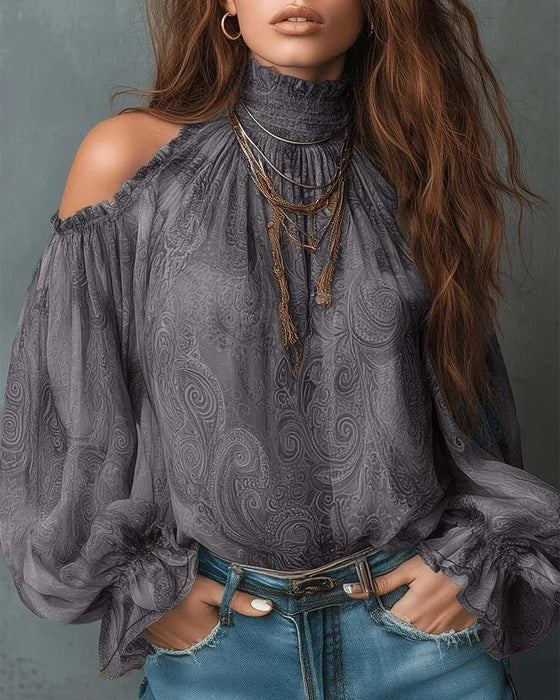 Bluse Trykt Off-Shoulder Mandarin Krage