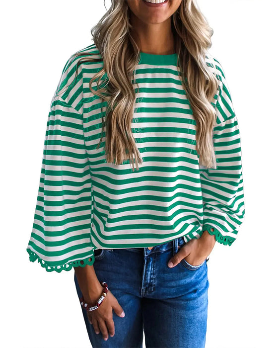 Bluse Rund Hals Drop Skulder Stripe Utskjæring