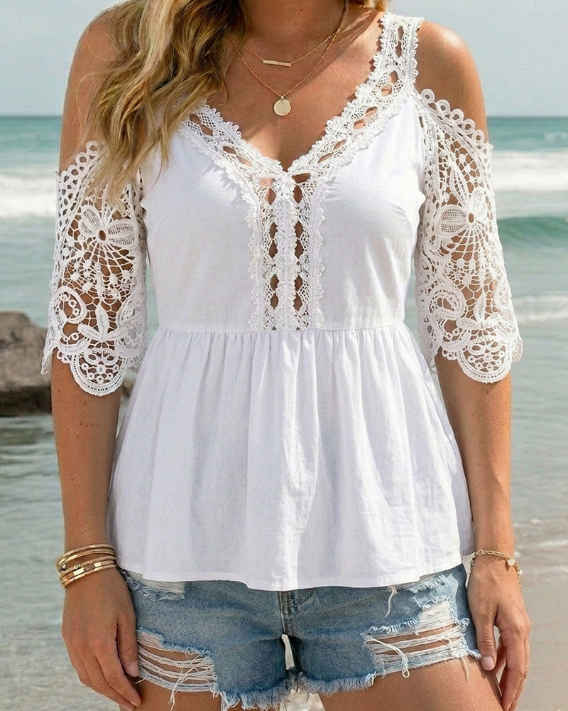 Bluse Med Kald Skulder V-Hals Kniplingslappverk