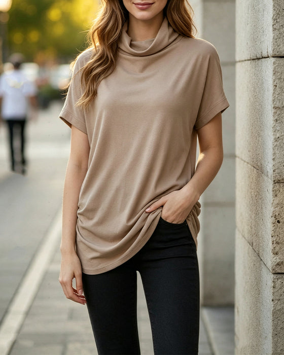 Bluse Mock Hals Kort Erme Side Rynket