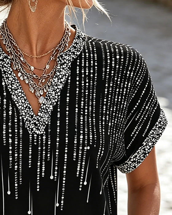 Bluse Off-Skulder V-Hals Trykk