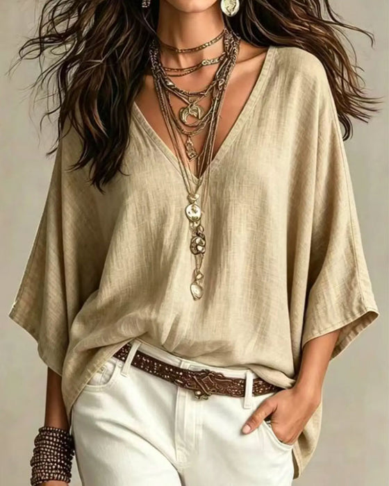 Blouse V-Hals Trekvart Erme Løs
