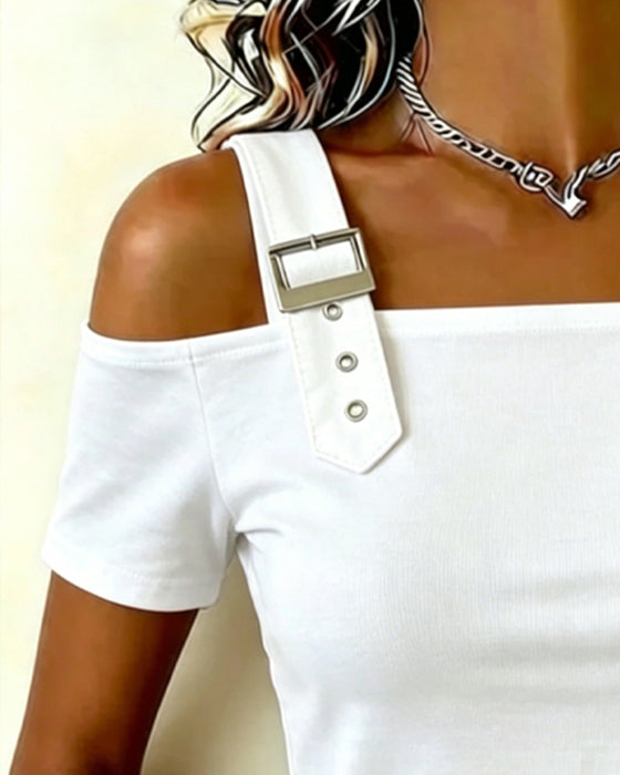 T-Skjorte Justerbart Spenne Off-Shoulder Ensfarget Avslappnet