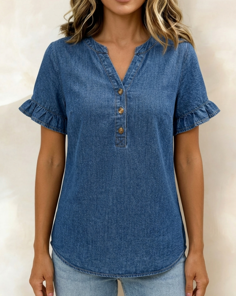 Bluse Denim V-Hals Rysj Kort Erme