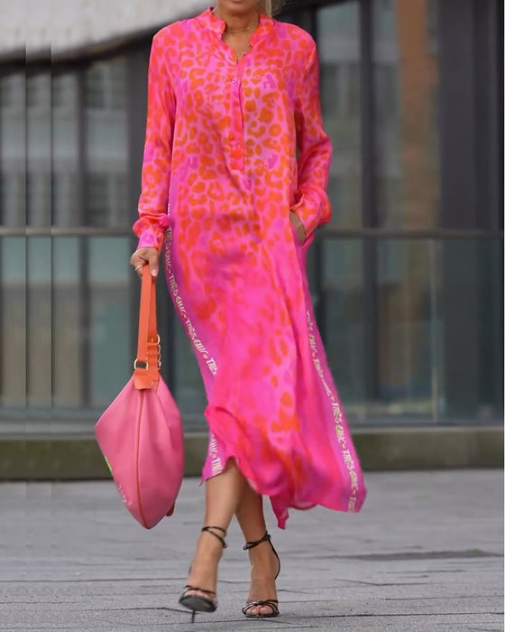 Kjole Langermet Leopardskrift Splitt