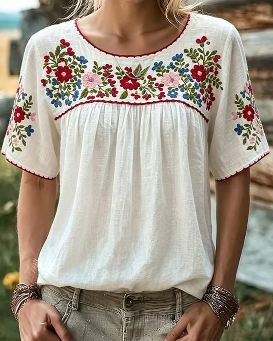 Bluse Rundhalset Brodert Bohemisk