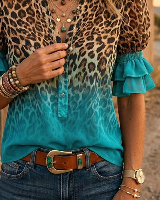 Leopardmønstret V-Hals Gradient Rysje Bluse
