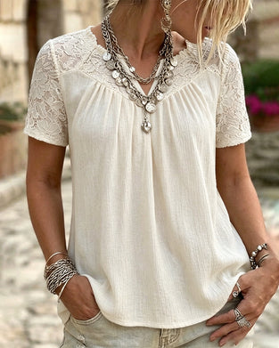 T-Shirt V-Hals Blonder Patchwork Kort Erme