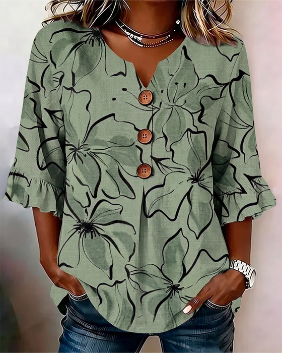 Bluse V-Utringning Blomstret Rysje 3/4-Erm