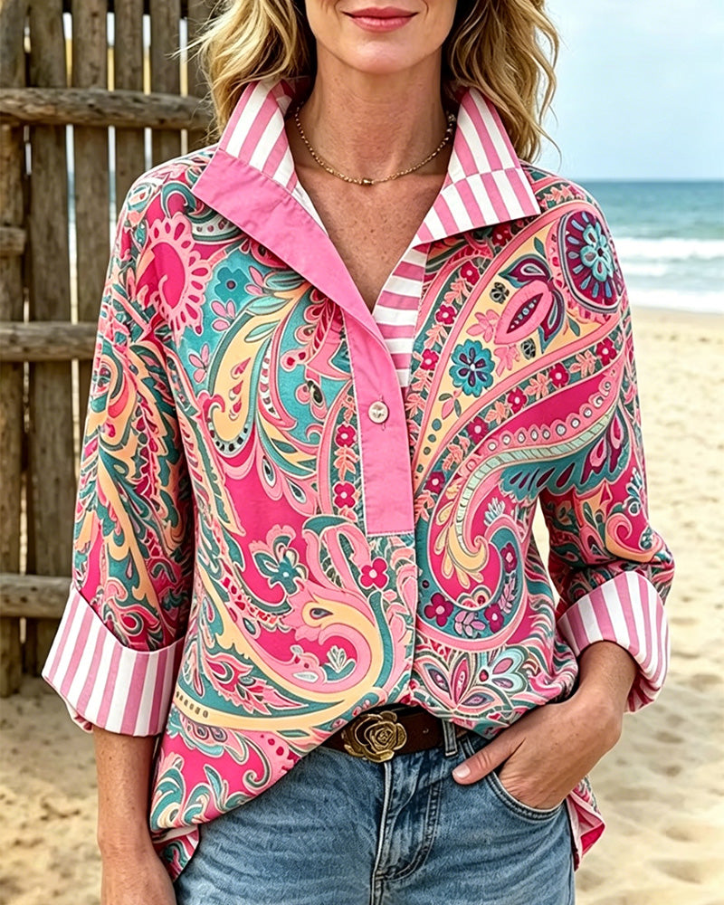 Bluse Patchwork Blomstrende Trykk Casual