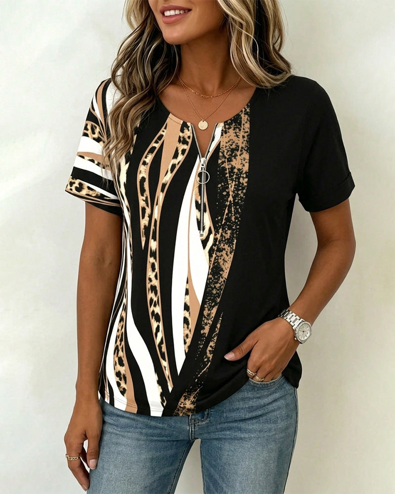 T-Shirt Glidelås Leopard Trykk Fargeblokk Casual