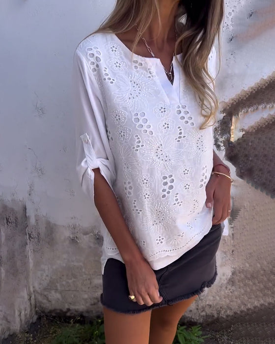 Bluse Ensfarget Patchwork Trykket Oppbrettbar Erme