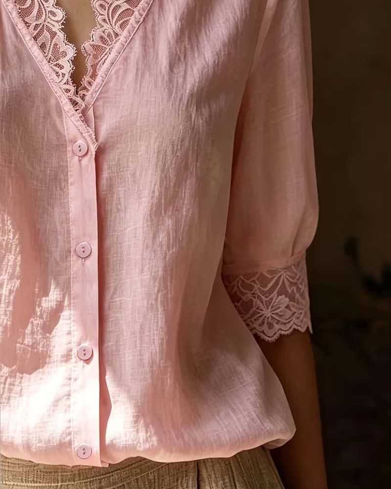 Bluse V-Hals Blonder Patchwork Solid Tre Kvarter Erme