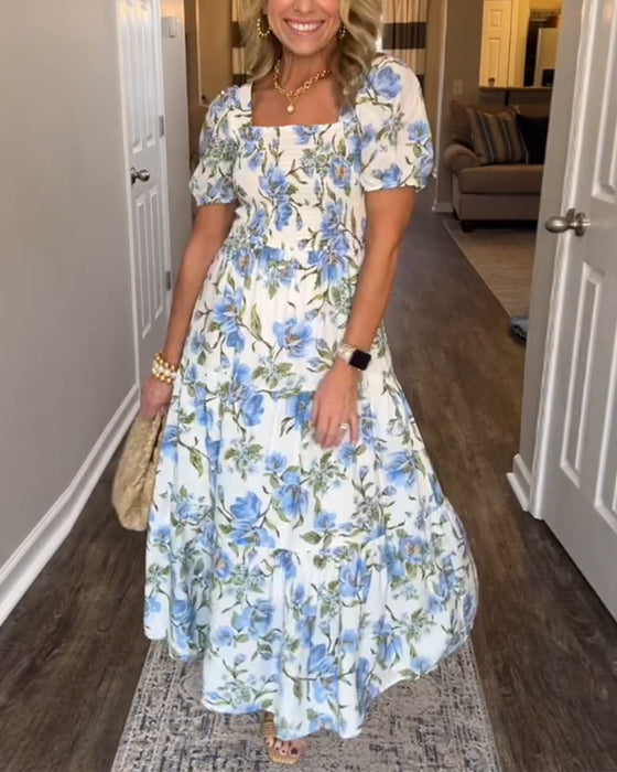 Kjole Firkantet Utringning Plissert Blomstret A-Linje