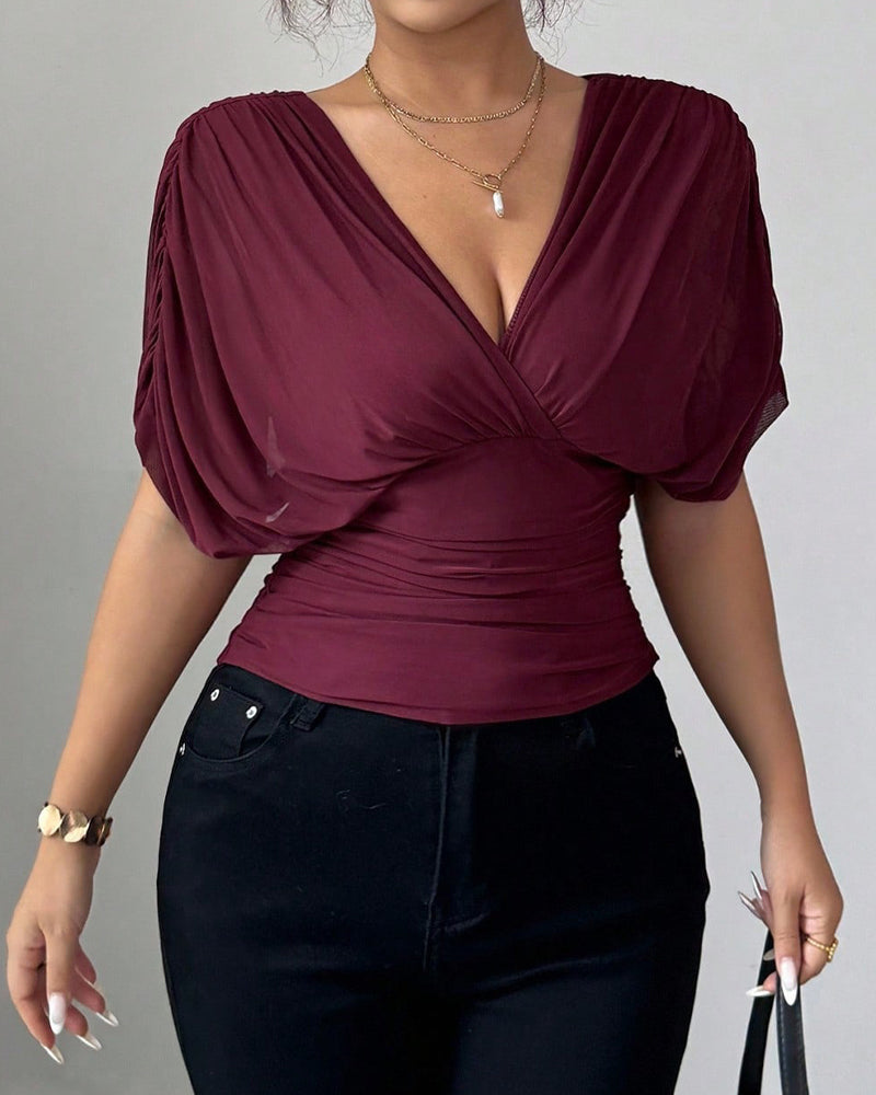 Bluse Solid Farge Dyp V-Hals Midje Kort Erme