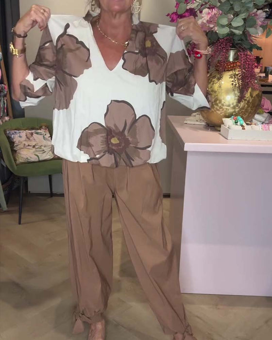 Bluse V-Hals Blomstret Halvlang Erme Avslappet