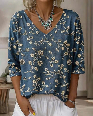 Bluse V-Utringning Halv Erme Blomstret