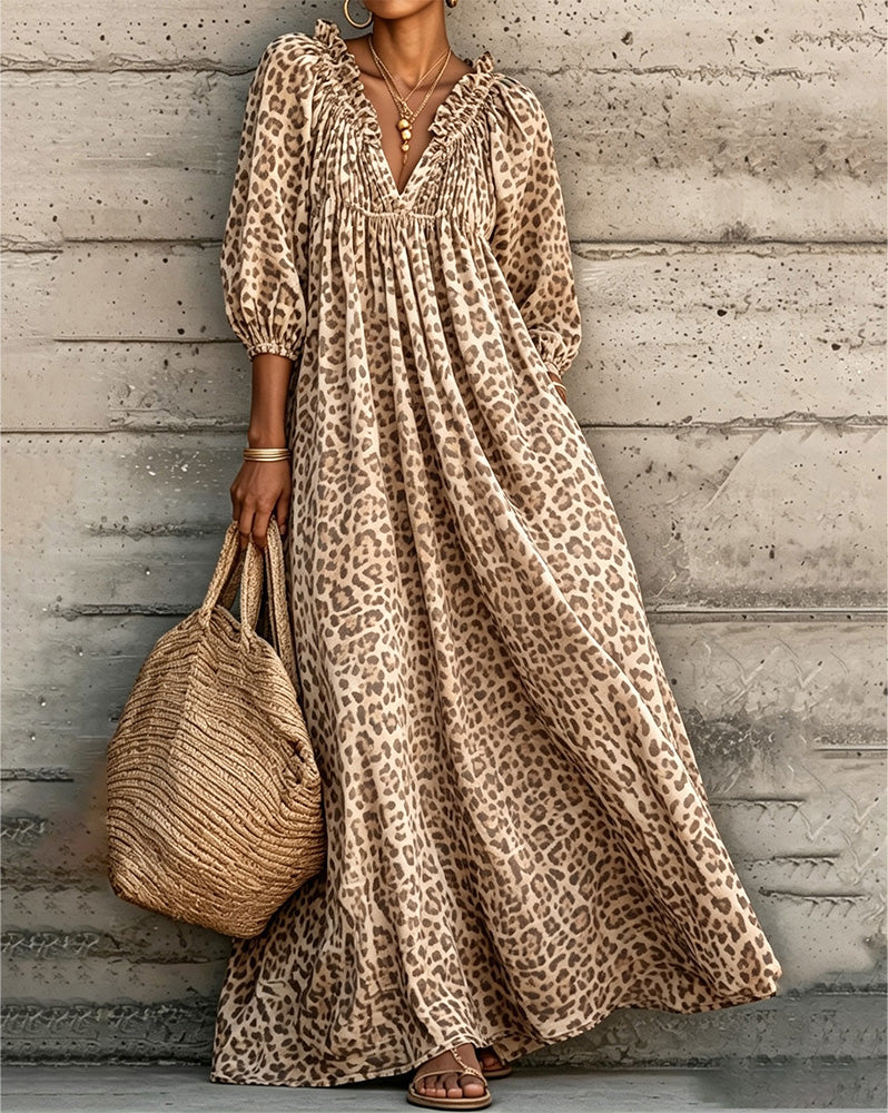 Kjole Leopard Trykk V-Hals Puff Erme