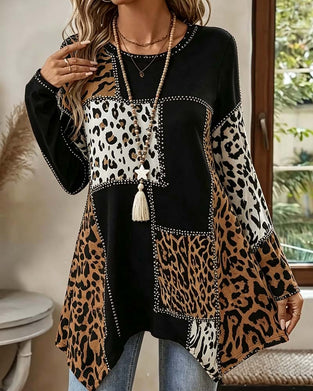 Bluse Leopard Trykk Patchwork Uregelmessig