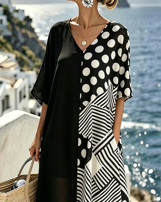 Kjole V-Hals Polka Dot Stripe Patchwork