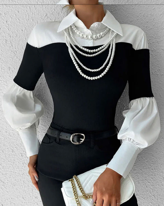 Topp Fargeblokk Off-Shoulder Lanterne Erme Patchwork