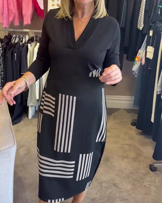 Kjole Geometrisk Stripe V-Hals Bodycon Midi