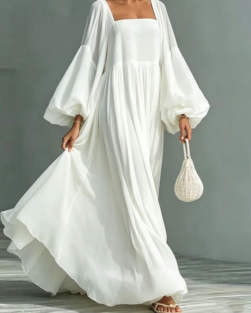 Kjole Firkantet Hals Puff Erme Fe Maxi