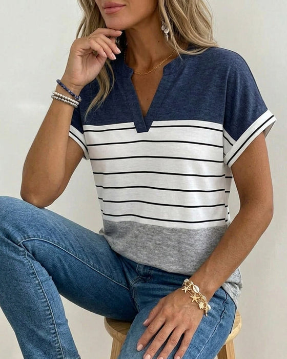T-Shirt V-Hals Kontrast Stripe