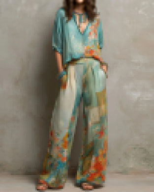 Sett V-Hals Blomstret Bluse + Rette Ben Bukser