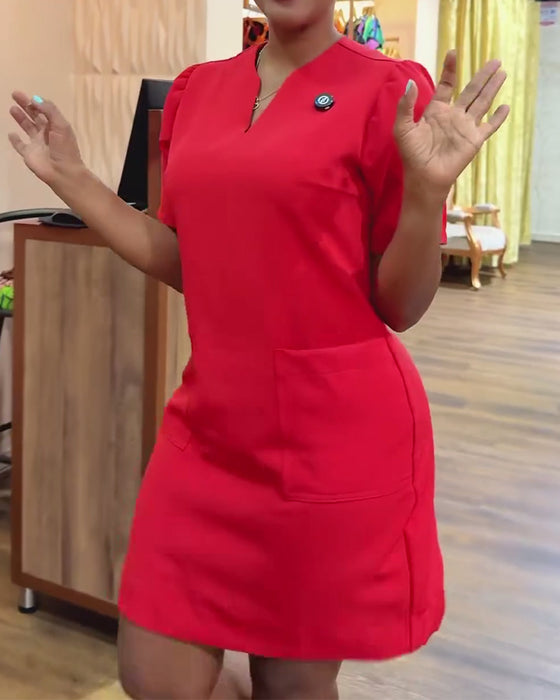 Kjole Ensfarget V-Hals Lomme