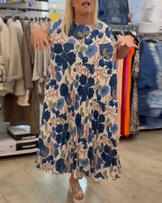 Kjole Rundhals Blomstertrykk Elegant