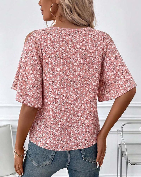 Bluse V-Hals Blomstrende Off-Shoulder Flutter Erme