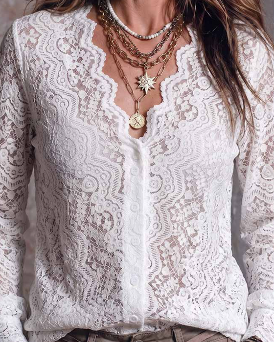Bluse V-Hals Lang Erme Casual