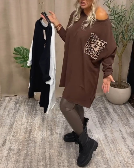 Uformell topp med lange armer i leopardmønster med rund hals