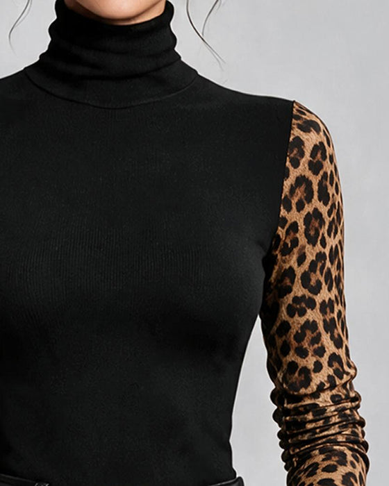 Topp Leopardmønster Skjøtet Høy Hals Slimfit
