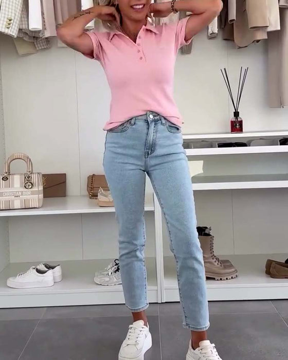 T-Skjorte Lapel Polo Skjorte Solid Farge Slim Fit