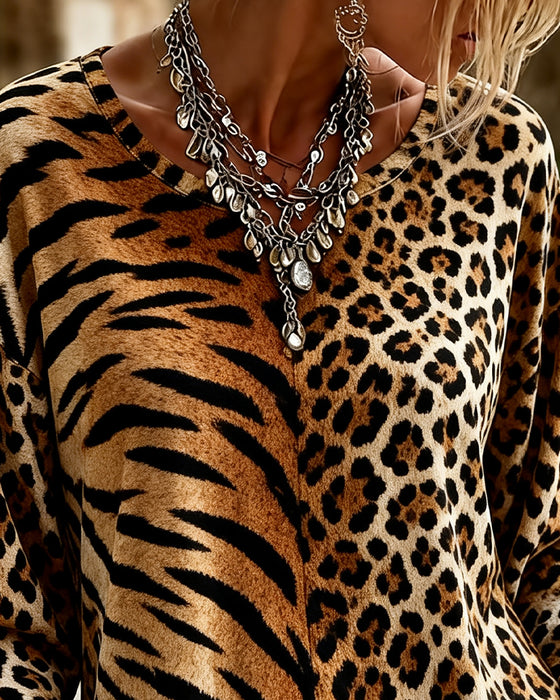 Topp V-Hals Leopard Tiger-Trykk Puff-Erme