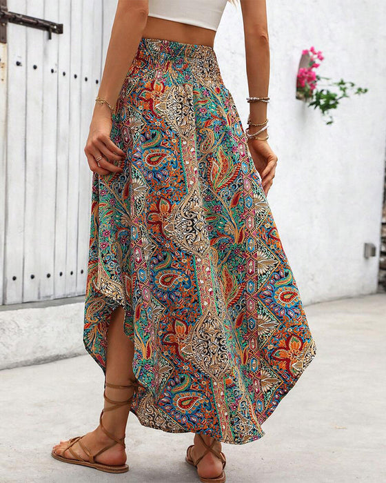 Skjørt Med En Elastisk Veksel, Retro - trykk Og En Bueformet Saum