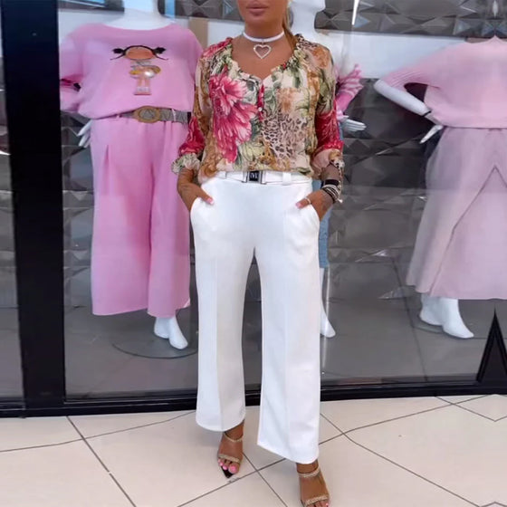 Bluse Med V-Hals Blomstertrykk