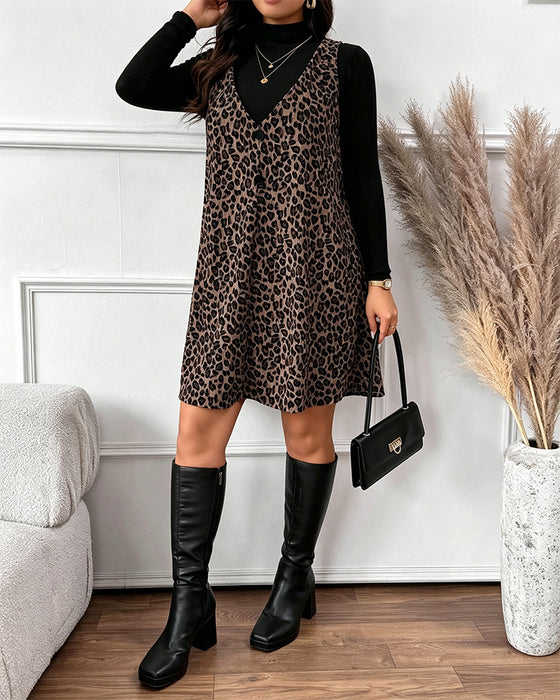 Sett Turtleneck Slim Fit Leopardsmønstret Hageskjørtsett