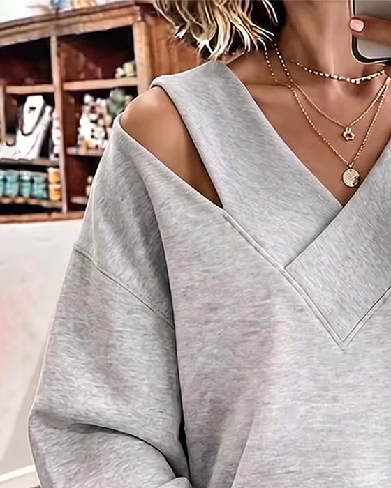 Sweatshirt V-Hals Blott Skulder Asymmetrisk Splitt