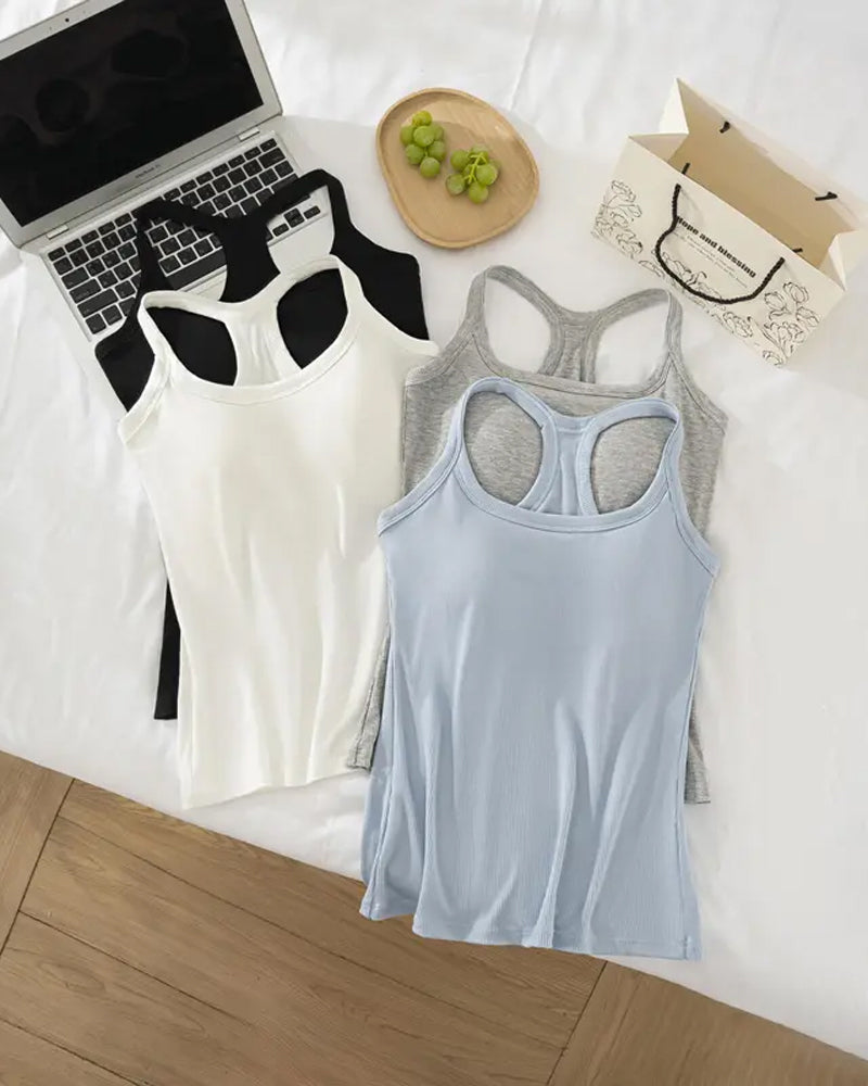 Tanktopp Innebygd Bh Ribbet Ensfarget