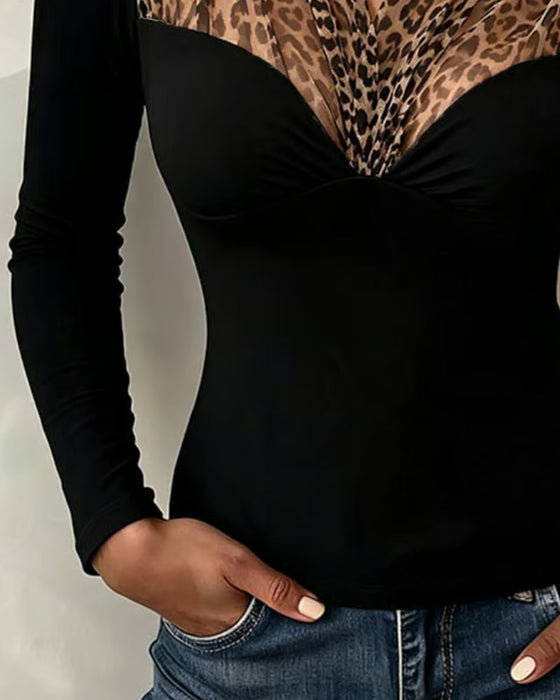 Topp Leopard Mesh Lappeteppe V-Hals Tettsittende
