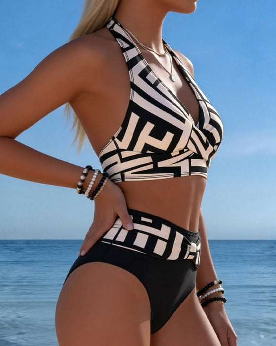 Bikini Geometrisk Trykk Høy Midje