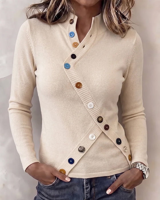 Pullover Mandarin Krage Fargeblokk Asymmetrisk Knapp