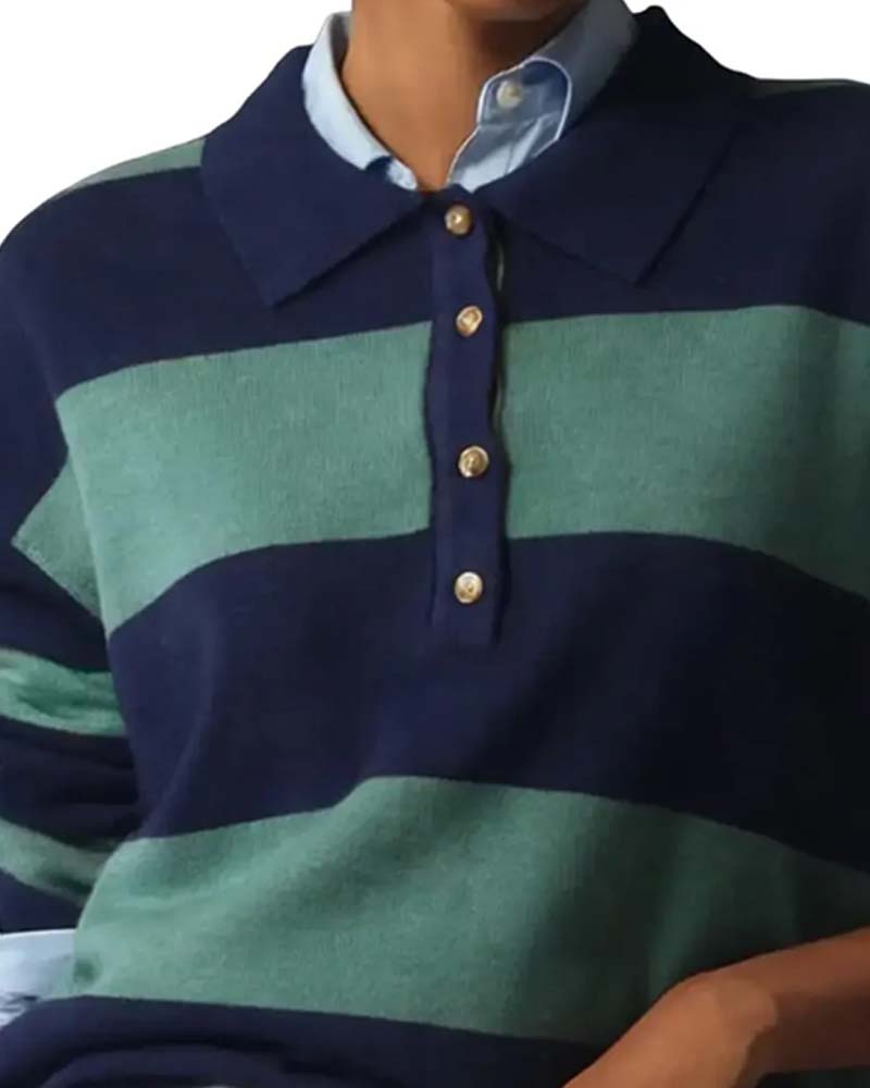 Pullover Med Bred Stripet Knappet Krave