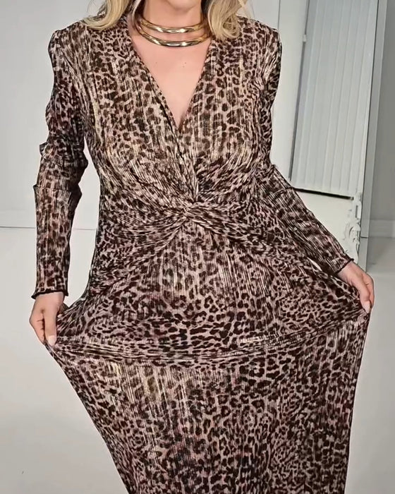 Kjole V-Hals Kors Leopardskinnsmønster Rynket