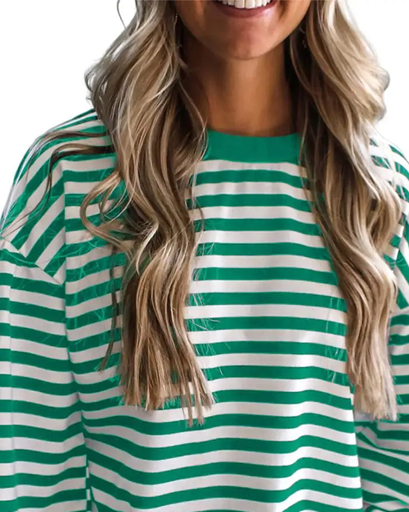 Bluse Rund Hals Drop Skulder Stripe Utskjæring