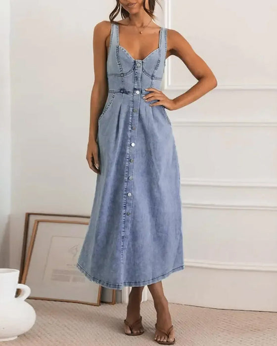 Kjole Spaghetti Stropp Knapp Midje Innsnørt Denim